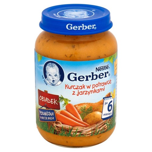 Słoiczek Gerber Nestlé, obiadek dla dzieci po 6 miesiącu. Kurczak z jarzynkami, podwójna porcja mięsa.
