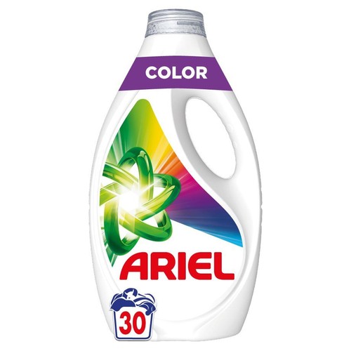 Płyn do prania Ariel Color w białej butelce z uchwytem. Etykieta z kolorowym tłem, zielonymi pierścieniami i liczbą 30.