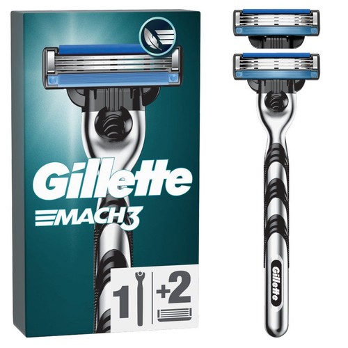 Opakowanie Gillette Mach3 z maszynką i dwoma wkładami. Obok widoczna maszynka i dwa wkłady z niebieskimi paskami.