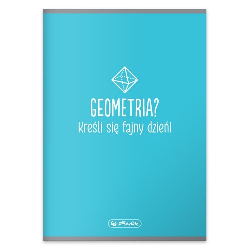 Turkusowy zeszyt z napisem "GEOMETRIA? Kreśli się fajny dzień!" i białym geometrycznym kształtem. Logo Berlite.