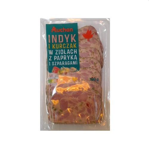 Indyk i kurczak w ziołach z papryką i szparagami Auchan 100 g