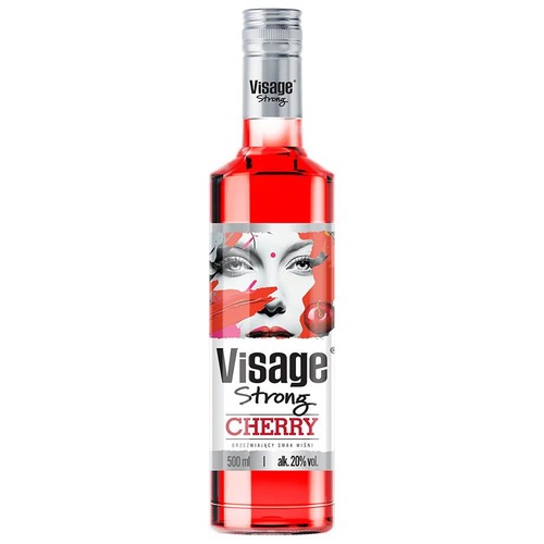 Butelka Visage Strong Cherry, 500 ml, 20% alk. Etykieta z grafiką twarzy i wiśniami. Orzeźwiający smak wiśni.