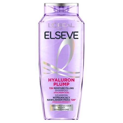 Szampon L'Oréal Paris Elseve Hyaluron Plump z kwasem hialuronowym do włosów odwodnionych. Fioletowe opakowanie.
