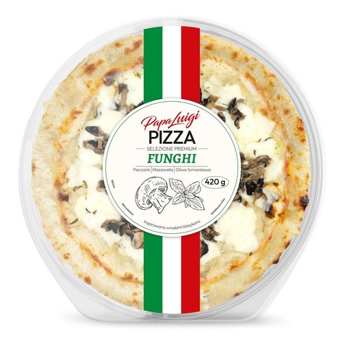 Gotowa pizza Papa Luigi Funghi, inspirowana włoskimi klasykami, zapakowana w plastikowe pudełko. Na pizzy widoczne są pieczarki i roztopiony ser mozzarella. Etykieta informuje o wadze 420 g i składnikach: pieczarki, mozzarella, oliwa tymiankowa.