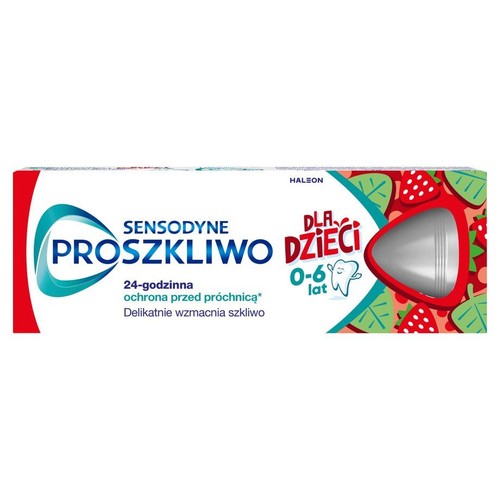 Opakowanie pasty Sensodyne Proszkliwo Dzieci 0-6 lat. Zapewnia 24-godzinną ochronę przed próchnicą i wzmacnia szkliwo.