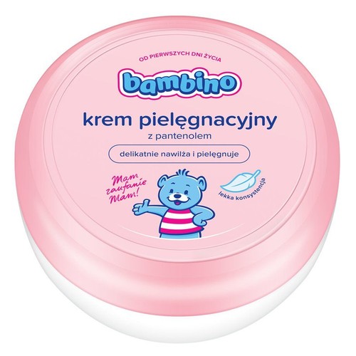 Krem Bambino z pantenolem w różowym opakowaniu. Przeznaczony do pielęgnacji i nawilżania skóry niemowląt.