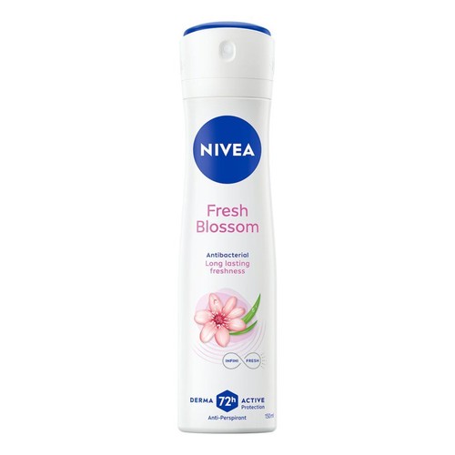 Antyperspirant NIVEA Fresh Blossom, 150 ml, w białej butelce z niebieskim wieczkiem. Na etykiecie różowe kwiaty. Działa antybakteryjnie i zapewnia świeżość.