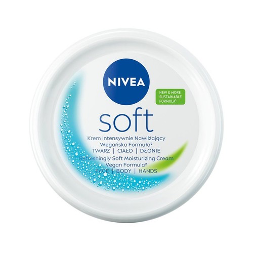 Produkt Nivea Soft, intensywnie nawilżający krem w białym słoiku. Wegańska formuła do stosowania na twarz, ciało i dłonie. Na etykiecie widnieje informacja o odświeżającej, miękkiej formule oraz jej zrównoważonym charakterze.