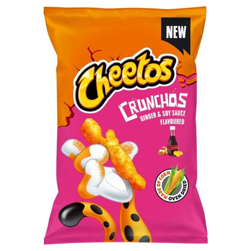 Nowe Cheetos Crunchos w pomarańczowo-różowej paczce. Chrupki o smaku imbiru i sosu sojowego, wykonane z kukurydzy, suszone w piecu.