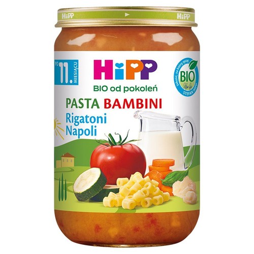 HiPP Pasta Bambini Rigatoni Napoli, słoik z daniem BIO dla niemowląt od 11. miesiąca. Etykieta z grafiką warzyw i makaronu.