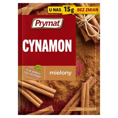 Opakowanie cynamonu mielonego Prymat 15g. Czerwono-brązowe opakowanie z grafiką cynamonu w proszku i laskach.