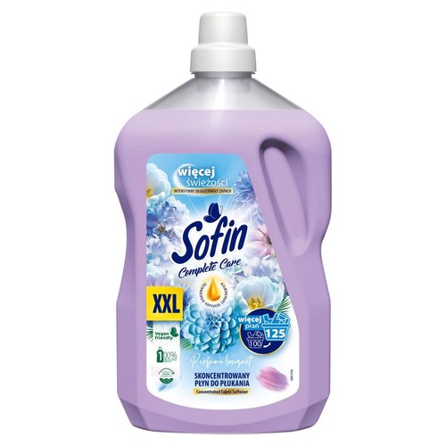 Płyn do płukania Sofin Complete Care XXL, zapach Bukiet perfum. Fioletowa butelka z uchwytem, 125 prań.