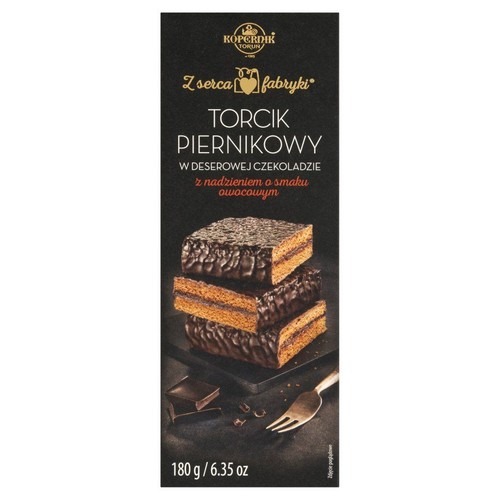 Kopernik Torcik Piernikowy 180 g. Ciastka piernikowe z owocowym nadzieniem, oblane deserową czekoladą. Widoczne trzy sztuki.