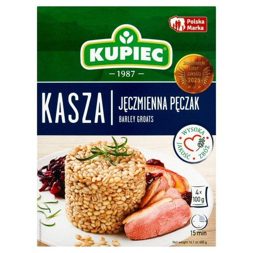 Kasza jęczmienna pęczak marki Kupiec, 4x 100g. Zielono-niebieskie opakowanie z sugestią podania.