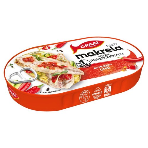 Puszka GRAAL Filety makrela w sosie pomidorowym ze słodkim chili, 170g. Na wieczku grafika z rybą na pieczywie.