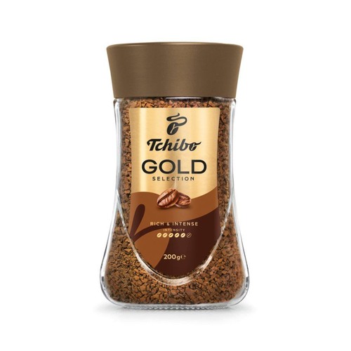 Słoik kawy rozpuszczalnej Tchibo Gold Selection, 200g. Na etykiecie ziarna kawy.