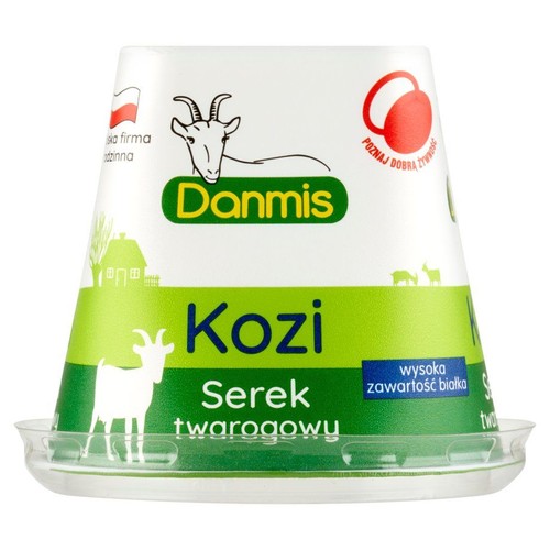 Opakowanie serka twarogowego Danmis Kozi. Biało-zielony kubek z grafiką kozy i napisem "wysoka zawartość białka".