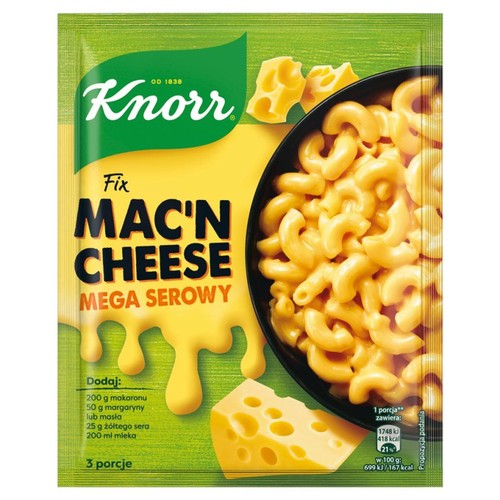 Opakowanie Knorr Fix Mac'n Cheese Mega Serowy. Zielono-żółta saszetka z grafiką makaronu z serem w misce i kawałkami sera.