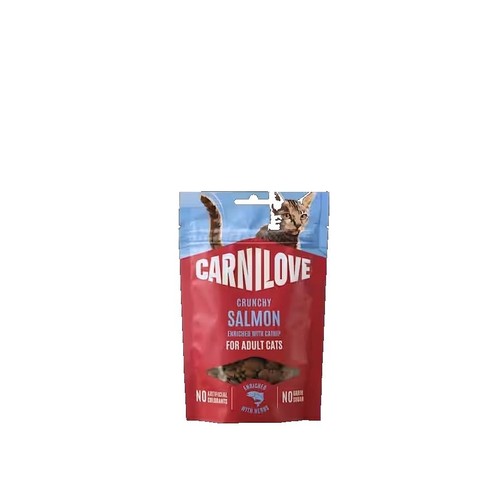 Czerwona torebka Carnilove, chrupiące przysmaki z łososia dla kotów, 50g. Z kocimiętką.