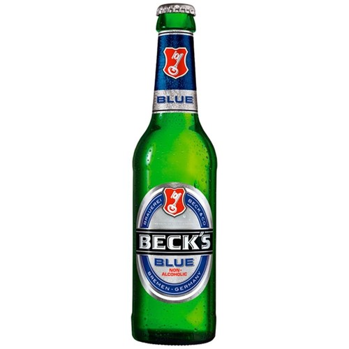 Butelka piwa Beck's Blue, bezalkoholowego, o pojemności standardowej. Butelka jest zielona, z metalowym kapslem. Główna etykieta jest niebiesko-srebrna, z napisem "BECK'S BLUE" i "NON-ALCOHOLIC". Widoczne jest też logo browaru z kluczem.