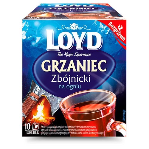 Opakowanie herbatki LOYD Grzaniec Zbójnicki na ogniu. 10 torebek, napój bezalkoholowy, bez dodatku cukru.