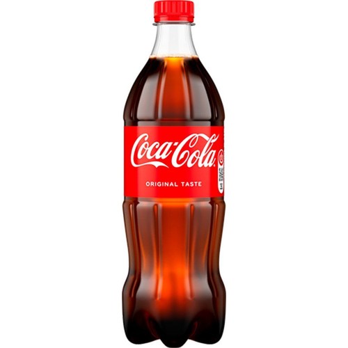 Butelka napoju Coca-Cola z czerwoną etykietą, na której widnieje białe logo "Coca-Cola" i tekst "Oryginalny Smak". Butelka ma czerwoną zakrętkę.