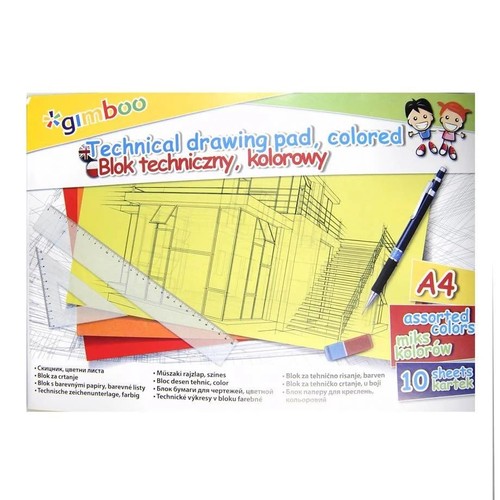 Kolorowy blok techniczny marki Gimboo, format A4, z 10 arkuszami papieru w różnych odcieniach. Okładka prezentuje rysunek techniczny budynku, linijkę, długopis i gumkę, podkreślając przeznaczenie produktu.