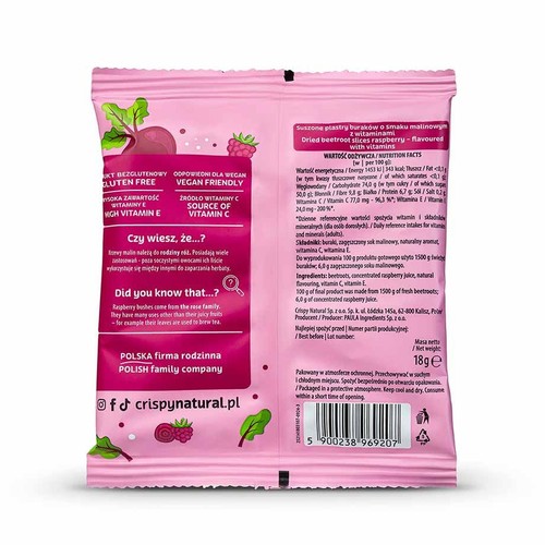 Wegańskie, bezglutenowe suszone plastry buraków malinowych Crispy Natural. Bogate w witaminy C i E. Opakowanie 18g.