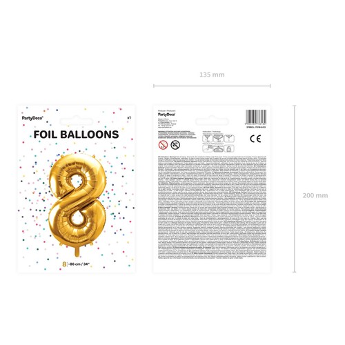 Balon foliowy Cyfra '8' 86cm złoty (1 op. / 1 szt.) PartyDeco 1 sztuka