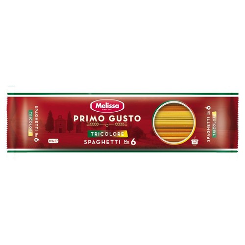Opakowanie makaronu Melissa Primo Gusto Spaghetti No 6 Tricolore, 500g. Czerwona paczka z okienkiem ukazującym trójkolorowy makaron.