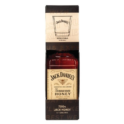 Zestaw prezentowy w czarnym kartonie, zawierający butelkę Jack Daniel's Tennessee Honey 700ml. Na etykiecie napis "Smooth & Balanced Tennessee Honey Original Recipe Honey Liqueur". W zestawie również szklanka.