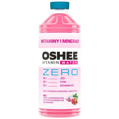 Butelka OSHEE Vitamin Water ZERO o smaku czerwonych winogron i dragonfruita. Zawiera witaminy i minerały, w tym jod, cynk i witaminę B12. Produkt bez cukru, konserwantów, sztucznych aromatów i barwników.