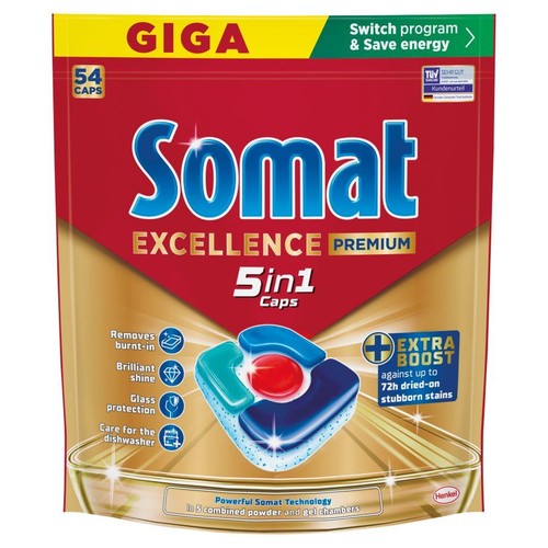 Opakowanie Somat Excellence Premium 5in1 kapsułek do zmywarki, 54 szt. Zapewniają ochronę szkła i pielęgnację zmywarki.