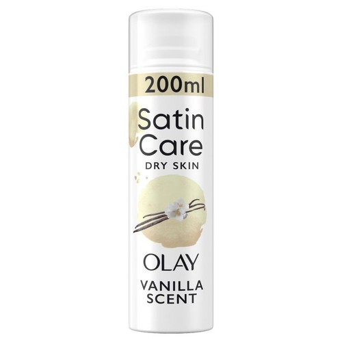 Biała butelka Olay Satin Care Dry Skin 200ml z grafiką wanilii.