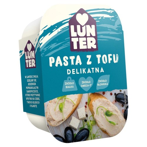 Produkt Lunter: pasta tofu delikatna w niebieskim opakowaniu 150g. Na wieczku grafika kanapek i logo Lunter.