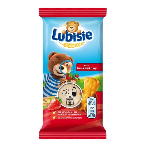Ciastka Lubisie mus truskawkowy w czerwono-niebieskim opakowaniu. Bez barwników i konserwantów.