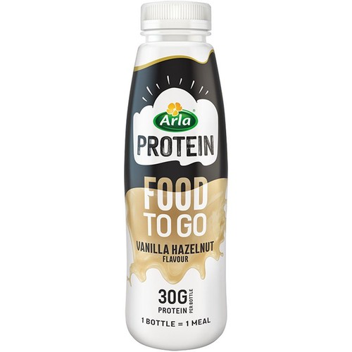 Butelka Arla Protein Food To Go o smaku waniliowo-orzechowym. Zawiera 30g białka. Jedna butelka to jeden posiłek.