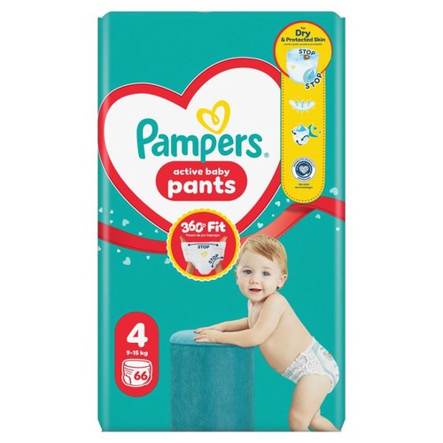 Pieluchomajtki Pampers Active Baby Pants, rozmiar 4, 66 sztuk. Opakowanie z grafiką dziecka i informacją o 360° Fit.