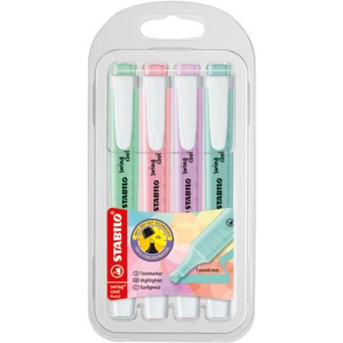 Zestaw 4 zakreślaczy STABILO Swing cool Pastel w przezroczystym blistrze. Zakreślacze w kolorach miętowym, różowym, fioletowym i turkusowym. Posiadają technologię Anti-Dry-Out i końcówkę 1mm/4mm. Idealne do podkreślania tekstu.