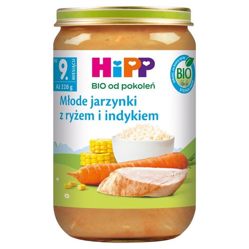Słoiczek HiPP BIO Młode jarzynki z ryżem i indykiem, 220g. Produkt dla niemowląt po 9. miesiącu życia.