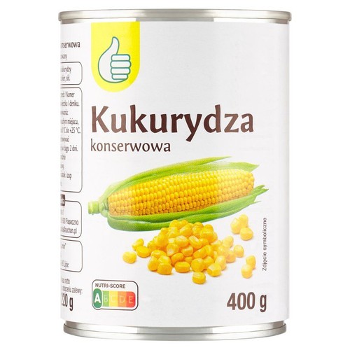 Kukurydza konserwowa w puszce, masa netto 400 g, masa po odsączeniu 220 g.