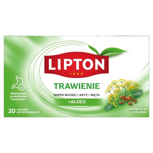 Opakowanie herbaty Lipton Trawienie, wspierającej trawienie. Zawiera koper, anyż, miętę, aloes. 20 torebek.