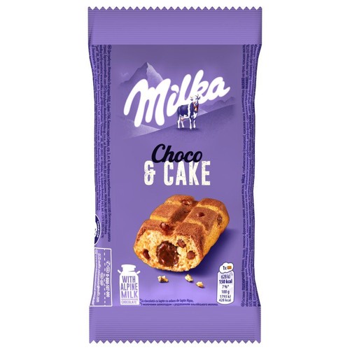 Opakowanie Milka Choco & Cake w kolorze fioletowym. Grafika przedstawia ciastko z nadzieniem czekoladowym. Zawiera alpejskie mleko.