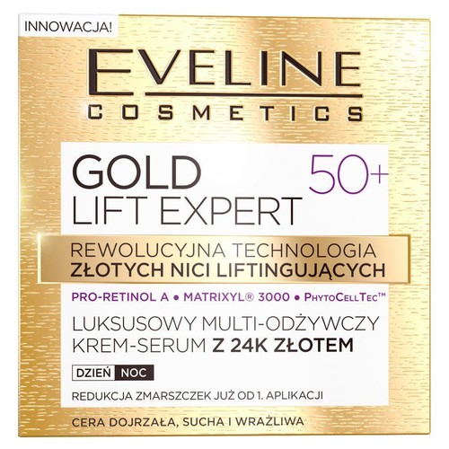 Opakowanie Eveline Cosmetics Gold Lift Expert 50+ luksusowego multi-odżywczego kremu-serum z 24K złotem. Produkt przeznaczony do cery dojrzałej, suchej i wrażliwej, do stosowania na dzień i noc. Zawiera Pro-Retinol A i Matrixyl® 3000.