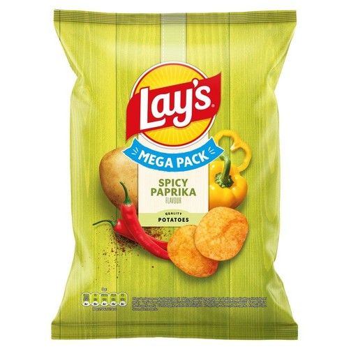 Opakowanie chipsów Lay's o smaku ostrej papryki, duże opakowanie. Na grafice ziemniak, papryczki chili i chipsy.
