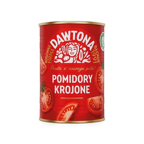 Czerwona puszka Dawtona z krojonymi pomidorami. Na etykiecie logo firmy i hasło "Prosto z naszego pola!".