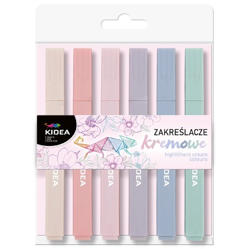 Zestaw 6 zakreślaczy KIDEA w kremowych, pastelowych kolorach: beżowym, jasnoróżowym, ciemnoróżowym, fioletowym, niebieskim i zielonym.