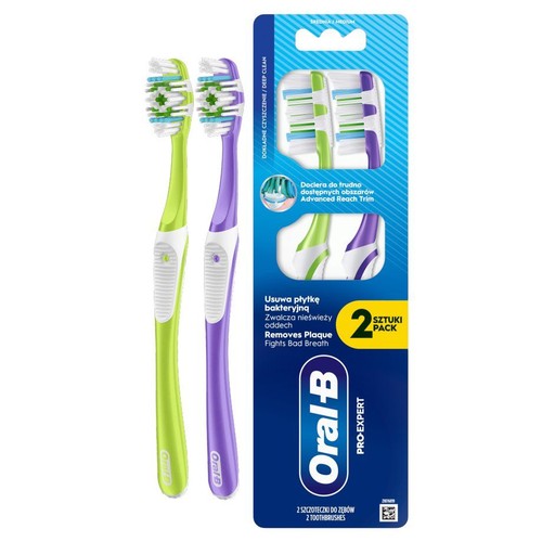 Opakowanie z dwiema szczoteczkami Oral-B Pro-Expert. Jedna zielona, druga fioletowa. Zapewniają dokładne czyszczenie.
