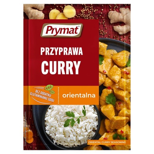 Prymat Przyprawa Curry Orientalna, bez dodatku glutaminianu sodu. Opakowanie z grafiką ryżu i kurczaka curry.