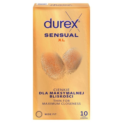 Złote opakowanie prezerwatyw Durex Sensual XL, 10 sztuk. Cienkie, zapewniające maksymalną bliskość.